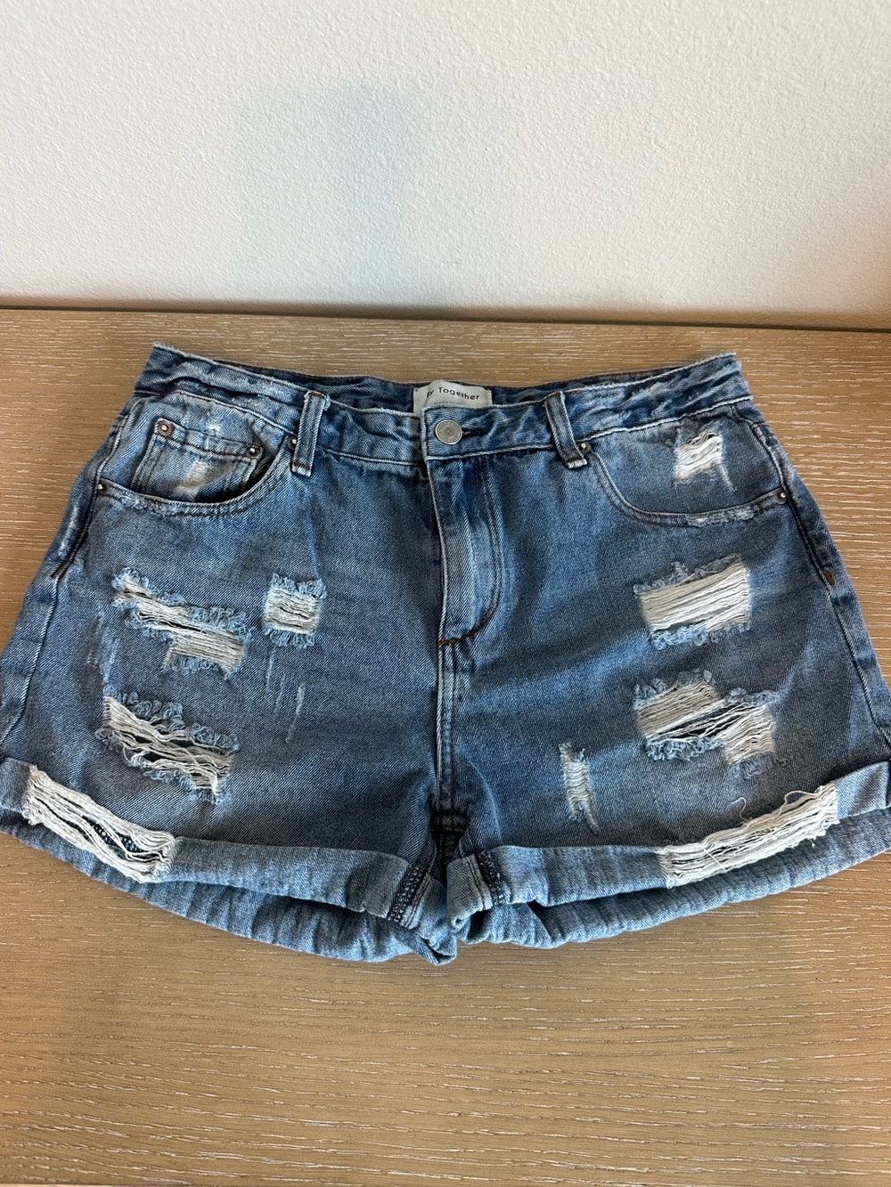 VICI Distressed Medium Blue Denim Roll-Cuff Shorts